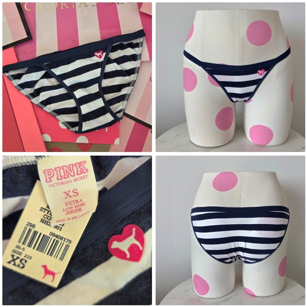 Victoria's Secret PINK VTG Blue Stripe Extra Low Rise Bikini Panty NWT Heart HTF